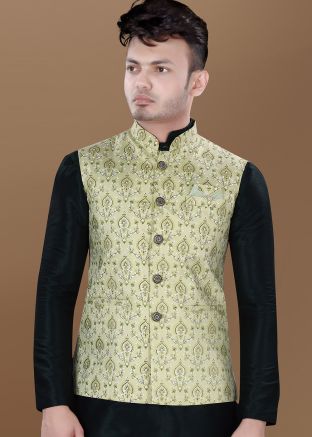 Green Printed Men Nehru Jacket In Brocade