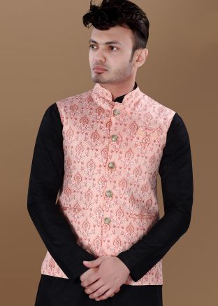 Peach Printed Brocade Nehru Jacket