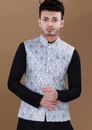 Blue Men Printed Nehru Jacket In Broacde