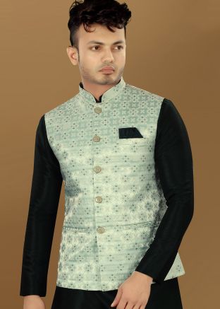 Green Woven Men Nehru Jacket In Brocade