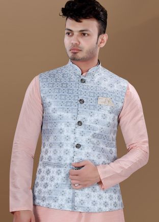 Blue Men Woven Nehru Jacket In Broacde