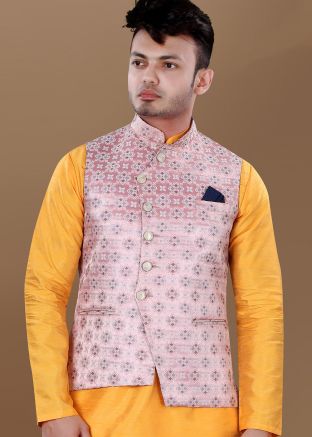Pink Woven Men Nehru Jacket In Brocade
