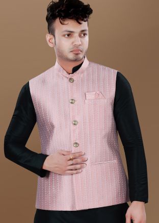 Pink Woven Men Nehru Jacket In Jacquard