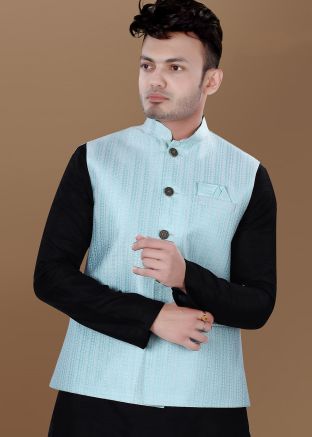 Blue Men Woven Nehru Jacket In Jacquard
