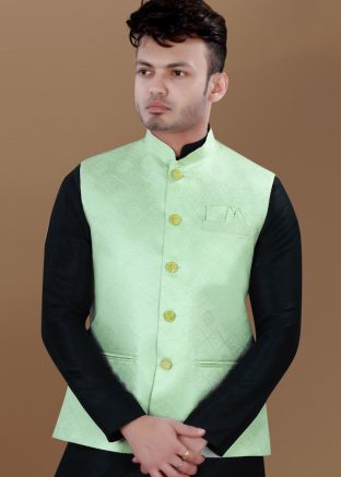 Green Woven Men Nehru Jacket In Jacquard