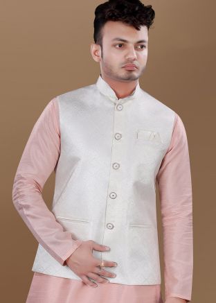 White Men Jaquard Nehru Jacket In Woven Work