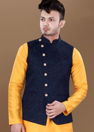 Blue Embroidered Nehru Jacket In Jacquard