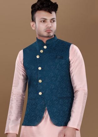 Blue Woven Men Nehru Jacket In Jacquard