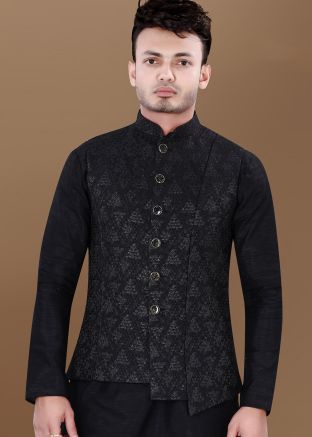 Black Embroidered Men Nehru Jacket