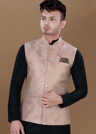 Peach Woven Men Nehru Jacket