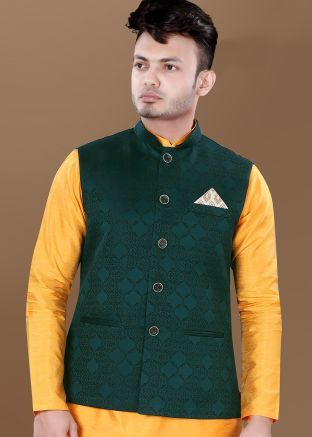 Green Men Nehru Jacket In Woven Work