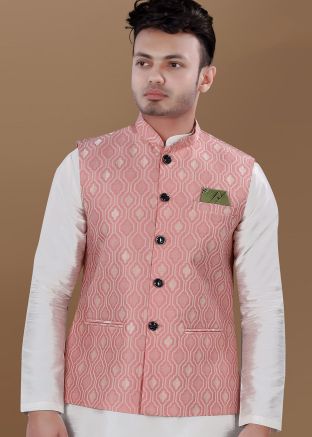 Pink Men Woven Nehru Jacket In Jacquard
