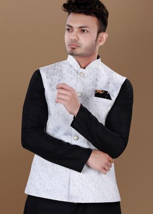 White Men Jaquard Nehru Jacket In Woven Work
