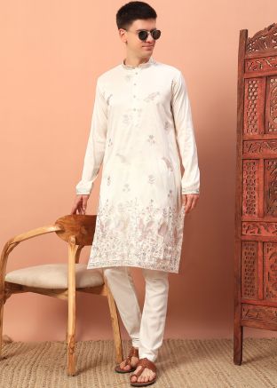 Off White Embroidered Kurta Pajama