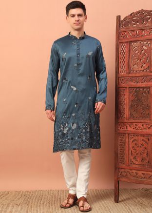 Blue Embroidered Silk Kurta Pajama