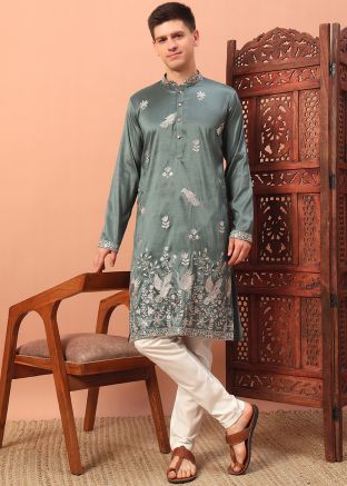 Grey Embroidered Kurta Pajama In Silk