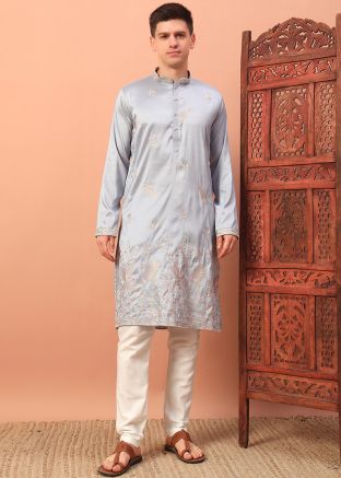 Grey Embroidered Kurta Pajama In Silk