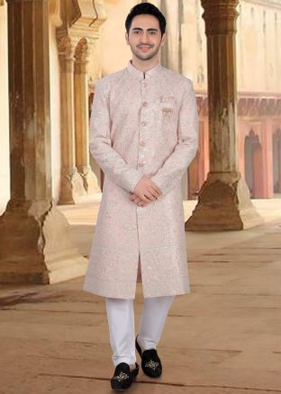 Pink Embroidered Men Sherwani In Georgette