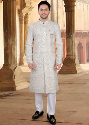 White Embellished Men Sherwani Set