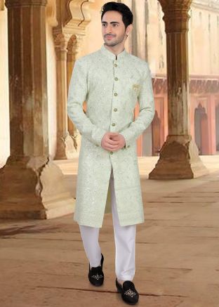 Readymade Green Embroidered Sherwani Set In Silk