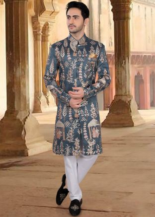 Readymade Grey Embroidered Silk Sherwani Set