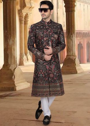 Black Embroidered Silk Sherwani Set For Men