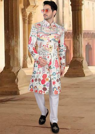 White Embroidered Silk Indo Western Sherwani In Silk