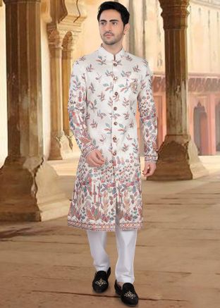 Cream Embroidered Silk Sherwani Set For Men