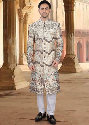 Cream Embroidered Sherwani Set In Art Silk