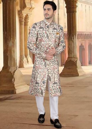 Cream Readymade Embroidered Sherwani Set