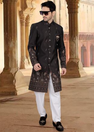 Black Indo Western Sherwani In Thread Work