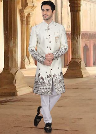 Cream Embroidered Indo Western Sherwani For Men