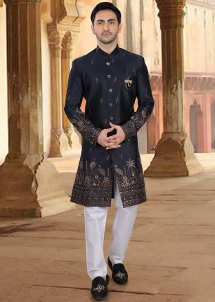 Navy Blue Embellished Indo Western Sherwani Set