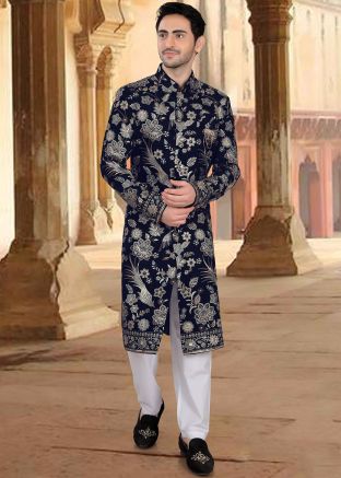 Navy Blue Embellished Men Velvet Sherwani Set