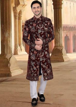 Maroon Embellished Men Velvet Sherwani Set