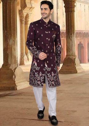 Wine Embroidered Indo Western Sherwani Set