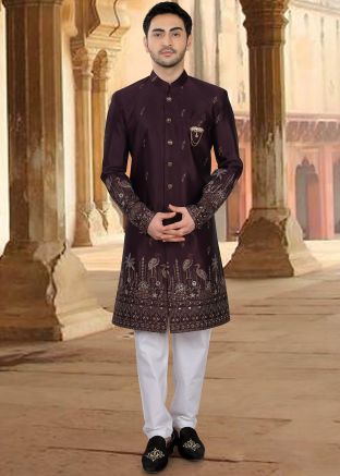 Wine Embroidered Indo Western Sherwani Set