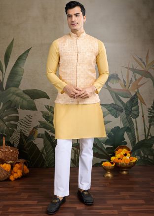 Yellow Men Kurta With Embroidered Nehru Jacket