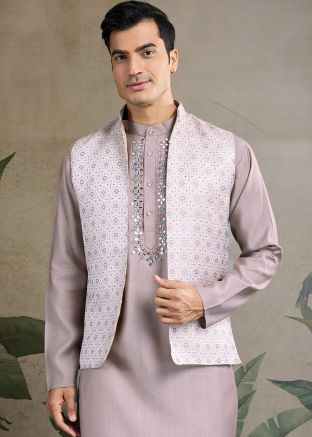 Grey Mirror Work Kurta With Nehru Jacket