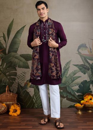 Purple Embroidered Men Kurta Pajama