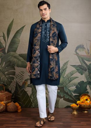 Blue Foil Mirror Work Kurta Pajama In Viscose