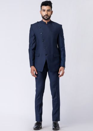 Navy Blue Plain Bandhgala Jodhpuri Suit In Terry Rayon