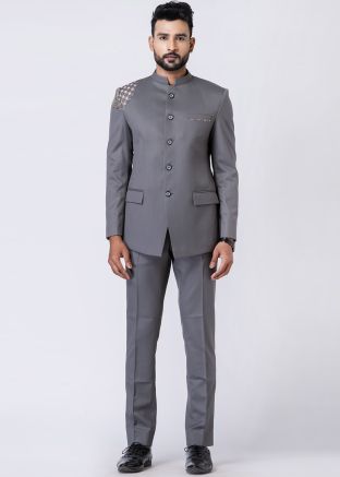 Grey Men Bandhgala Jodhpuri Suit In Patch Work