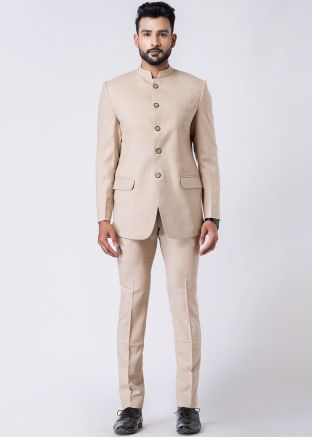 Beige Men Plain Bandhgala Jodhpuri Suit