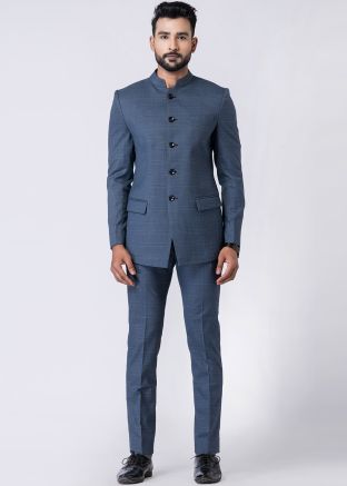 Blue Checked Men Bandhgala Jodhpuri Suit