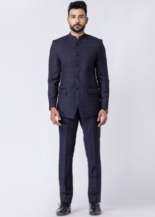 Navy Blue Terry Rayon Checked Bandhgala Jodhpuri Suit