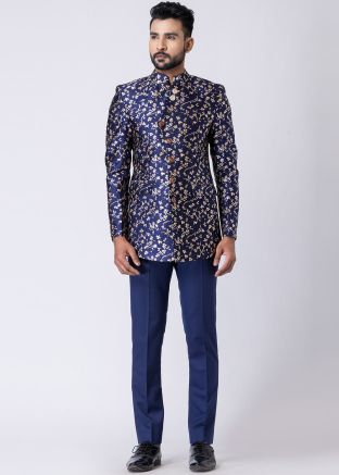 Dark Blue Printed Bandhgala Jodhpuri Suit