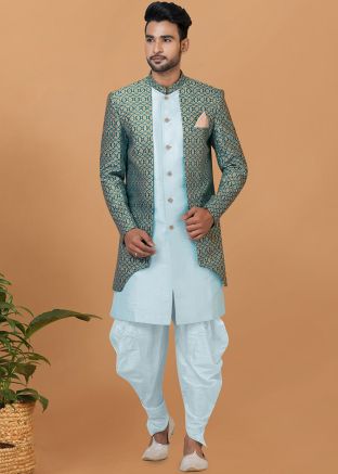 Blue Woven Dhoti With Sherwani In Jacket Style