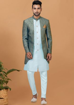 Blue Men Indo Western Sherwani In Jacket Style