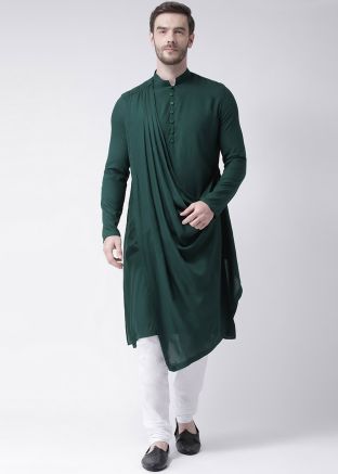 Green Asymmetric Cowl Draped Kurta With Churidar